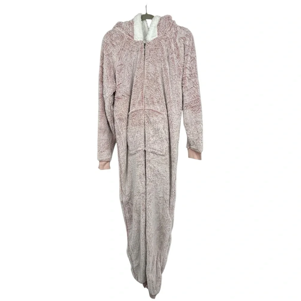 The Big Softy Women’s Hooded Zip-Up Fleece Lounger Blanket Jumpsuit Size L Pink